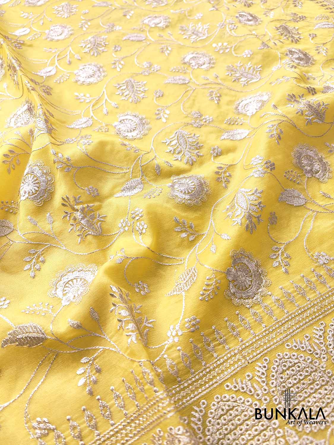 Sunshine Yellow Banarasi Organza Silver Zari Work Floral Design Embroidery Saree