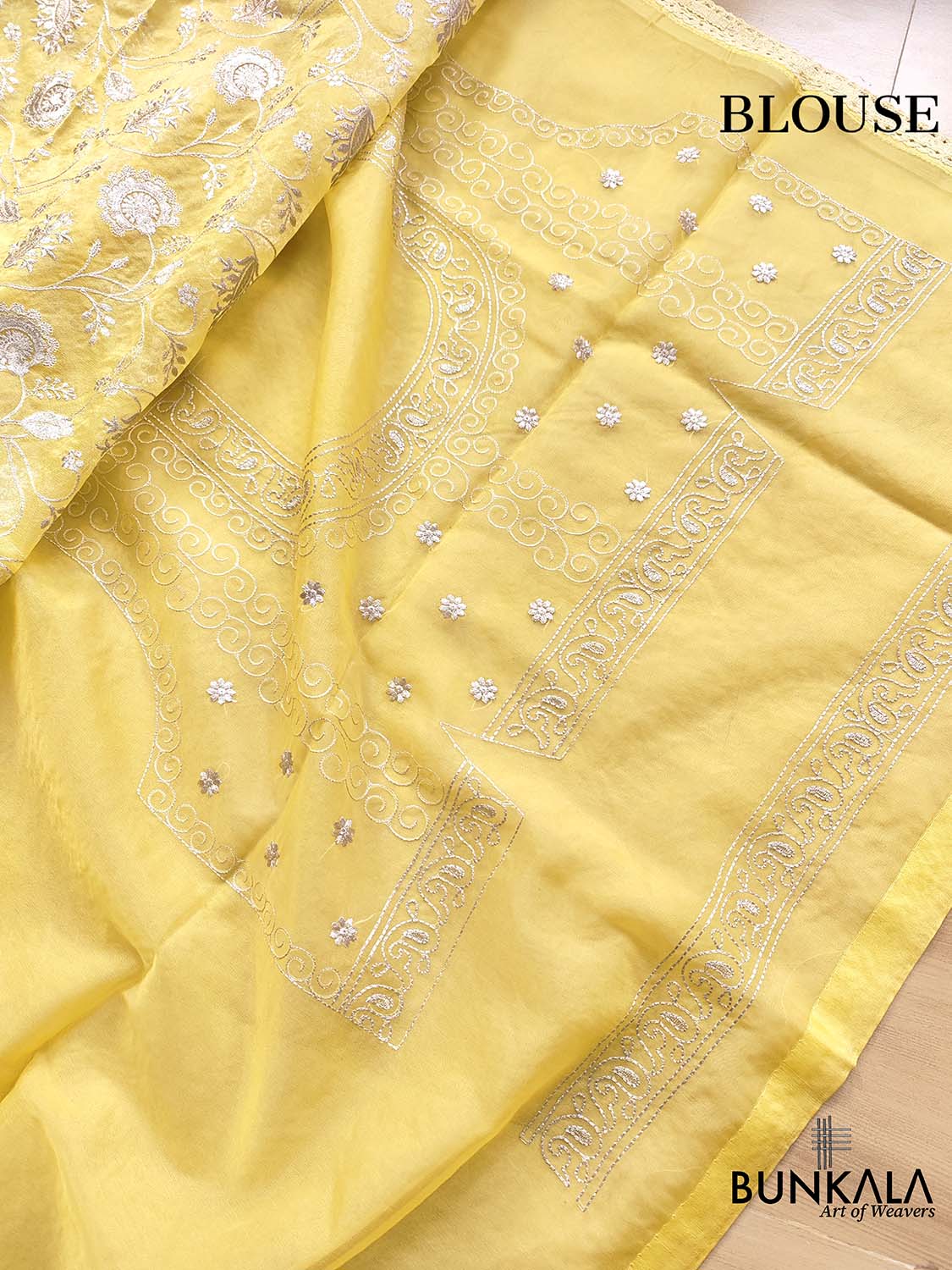 Sunshine Yellow Banarasi Organza Silver Zari Work Floral Design Embroidery Saree