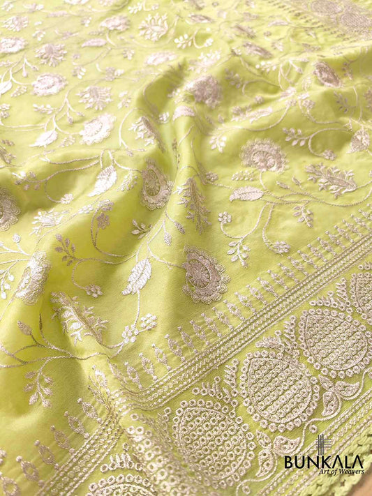 Pista Green Banarasi Organza Silver Zari Work Floral Design Embroidery Saree