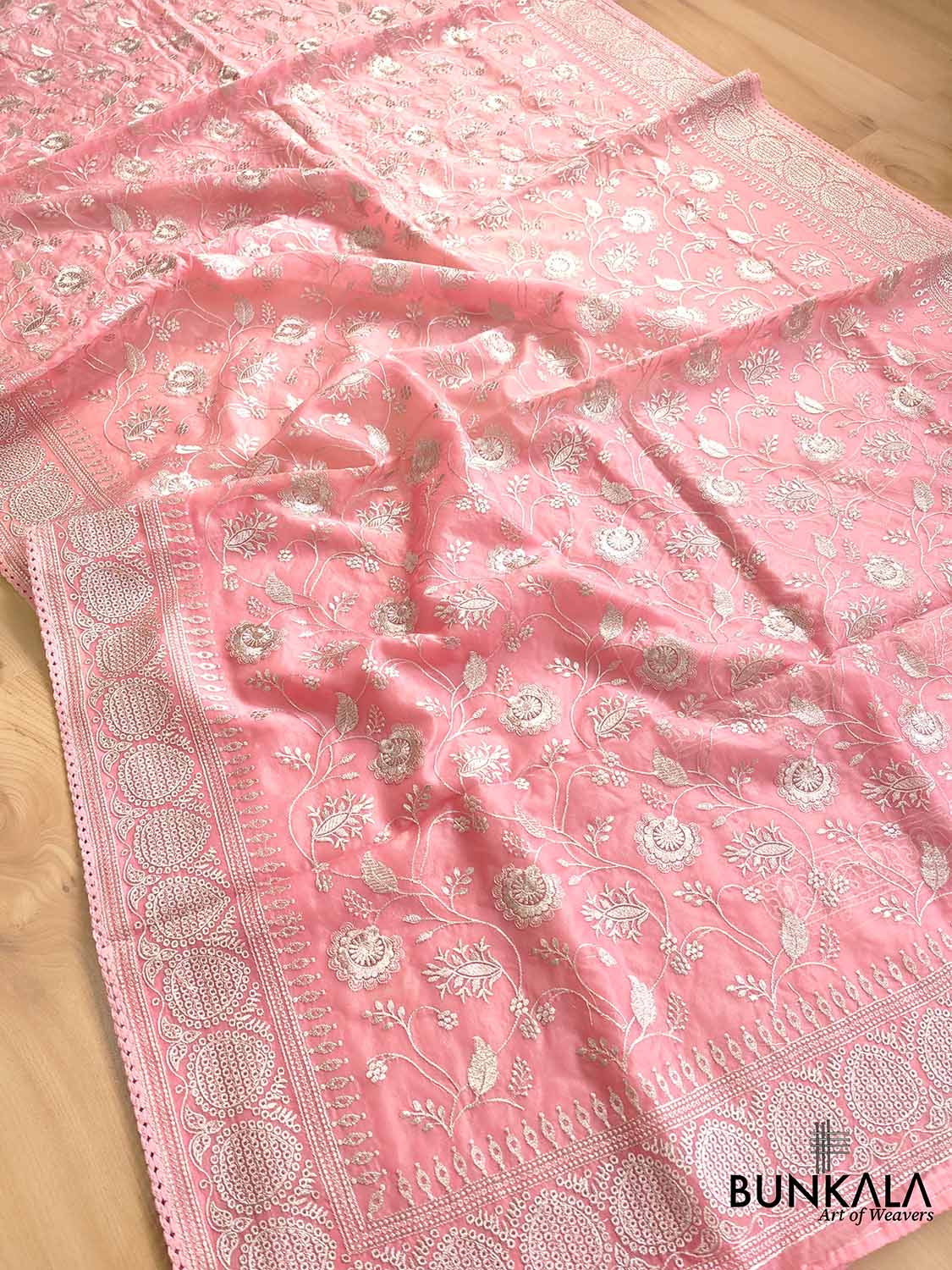 Pink Banarasi Organza Silver Zari Work Floral Design Embroidery Saree