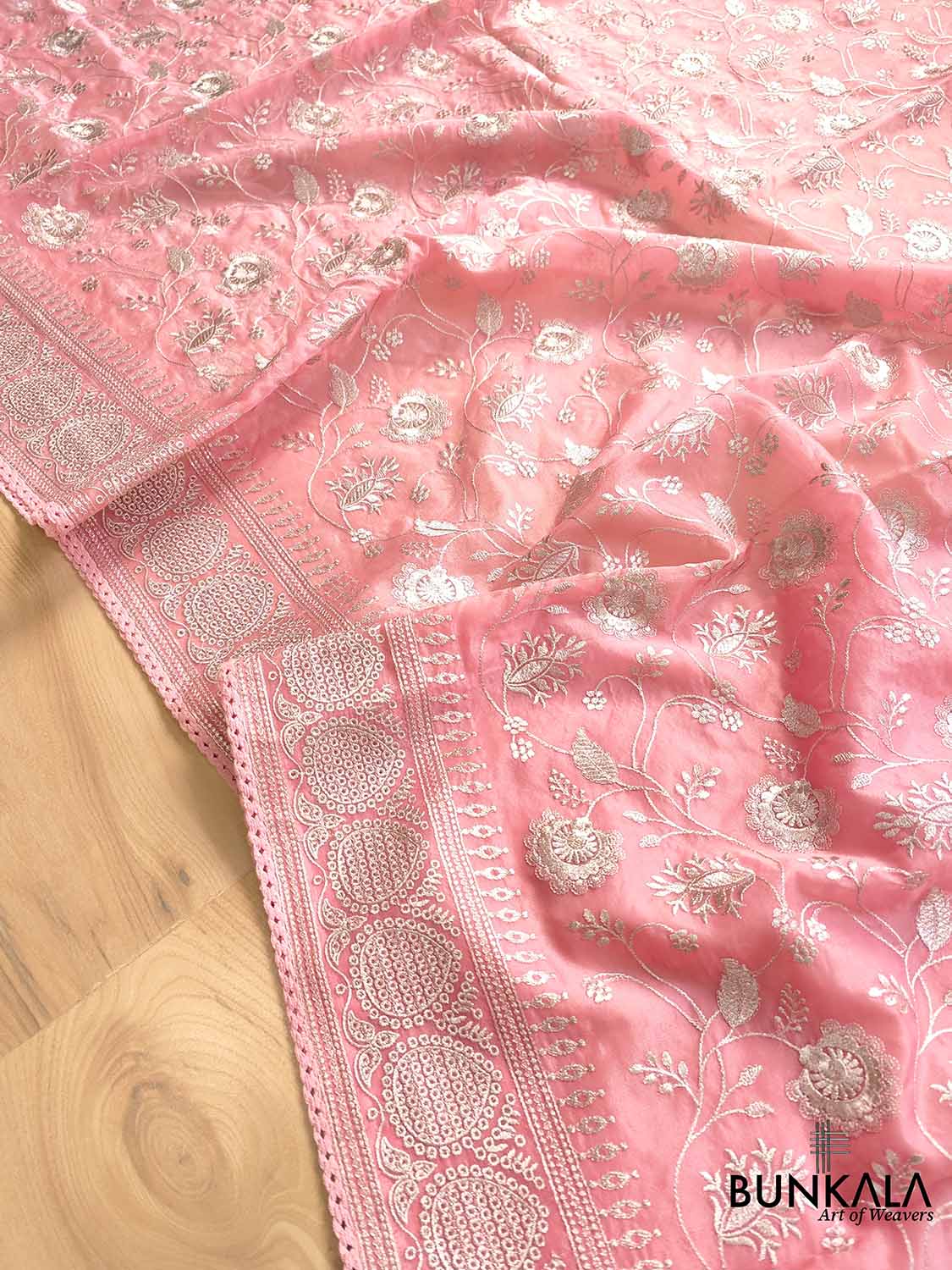 Pink Banarasi Organza Silver Zari Work Floral Design Embroidery Saree