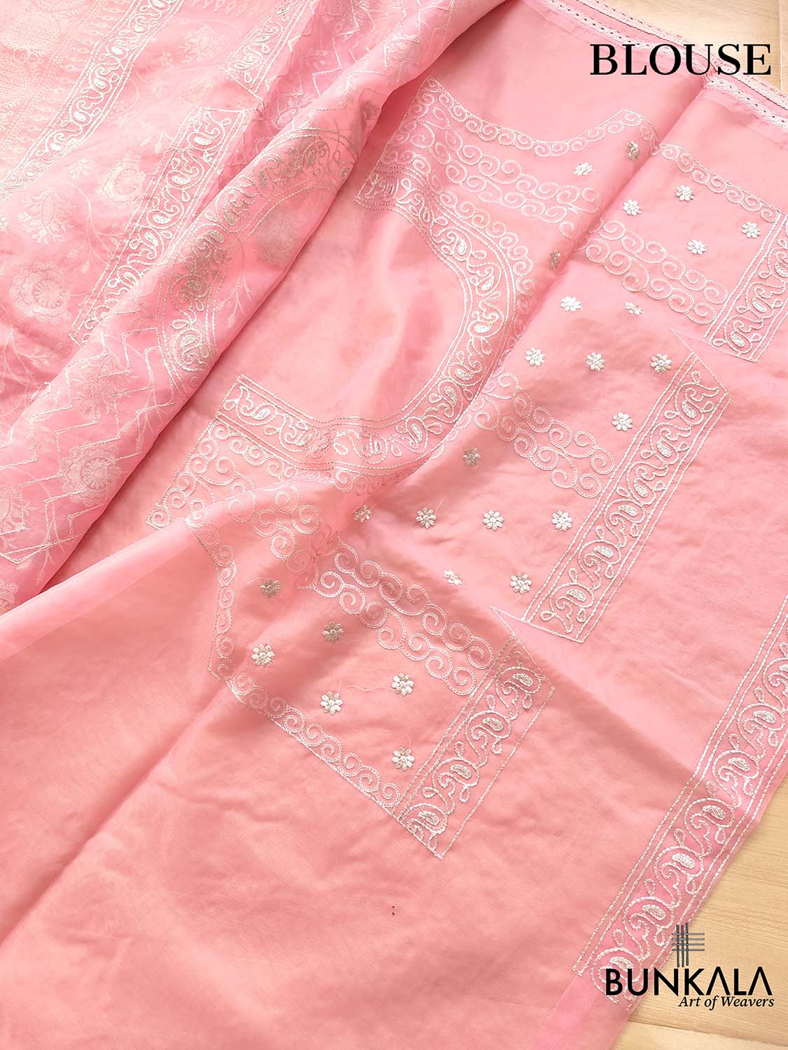 Shop Pink Banarasi Organza Silver Zari Work Embroidery Saree – BUNKALA