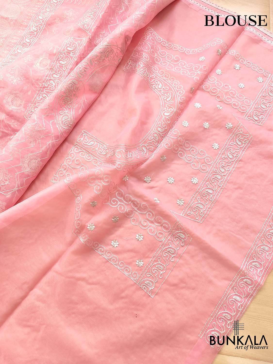 Pink Banarasi Organza Silver Zari Work Floral Design Embroidery Saree