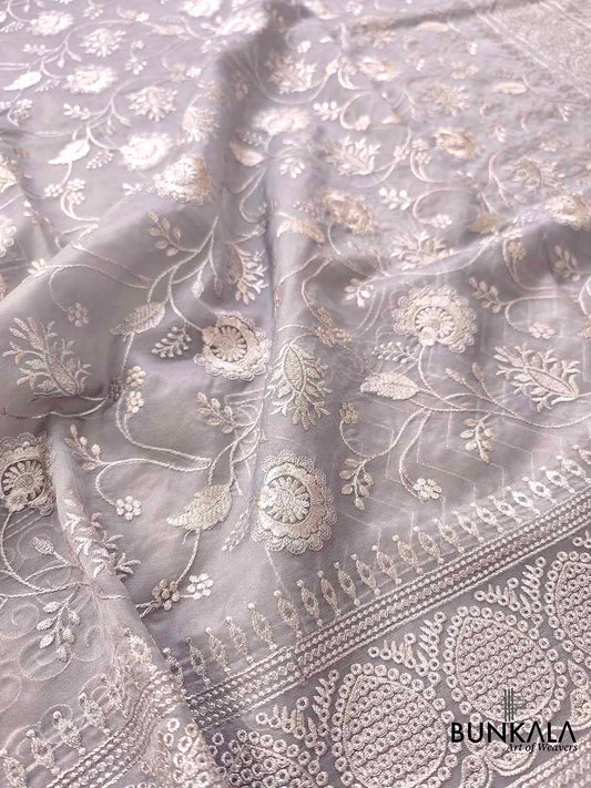 Grey Banarasi Organza Silver Zari Work Floral Design Embroidery Saree