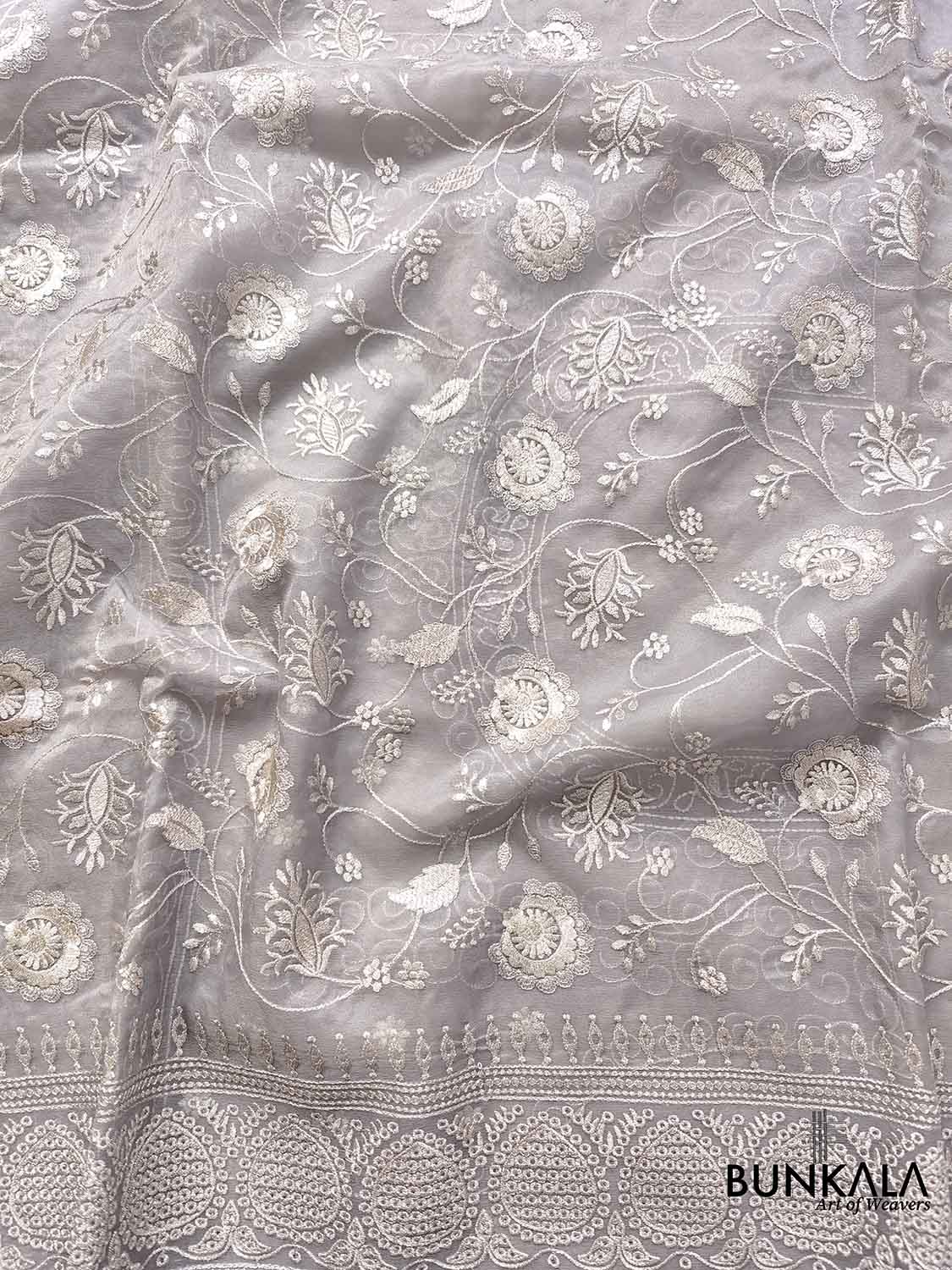 Grey Banarasi Organza Silver Zari Work Floral Design Embroidery Saree