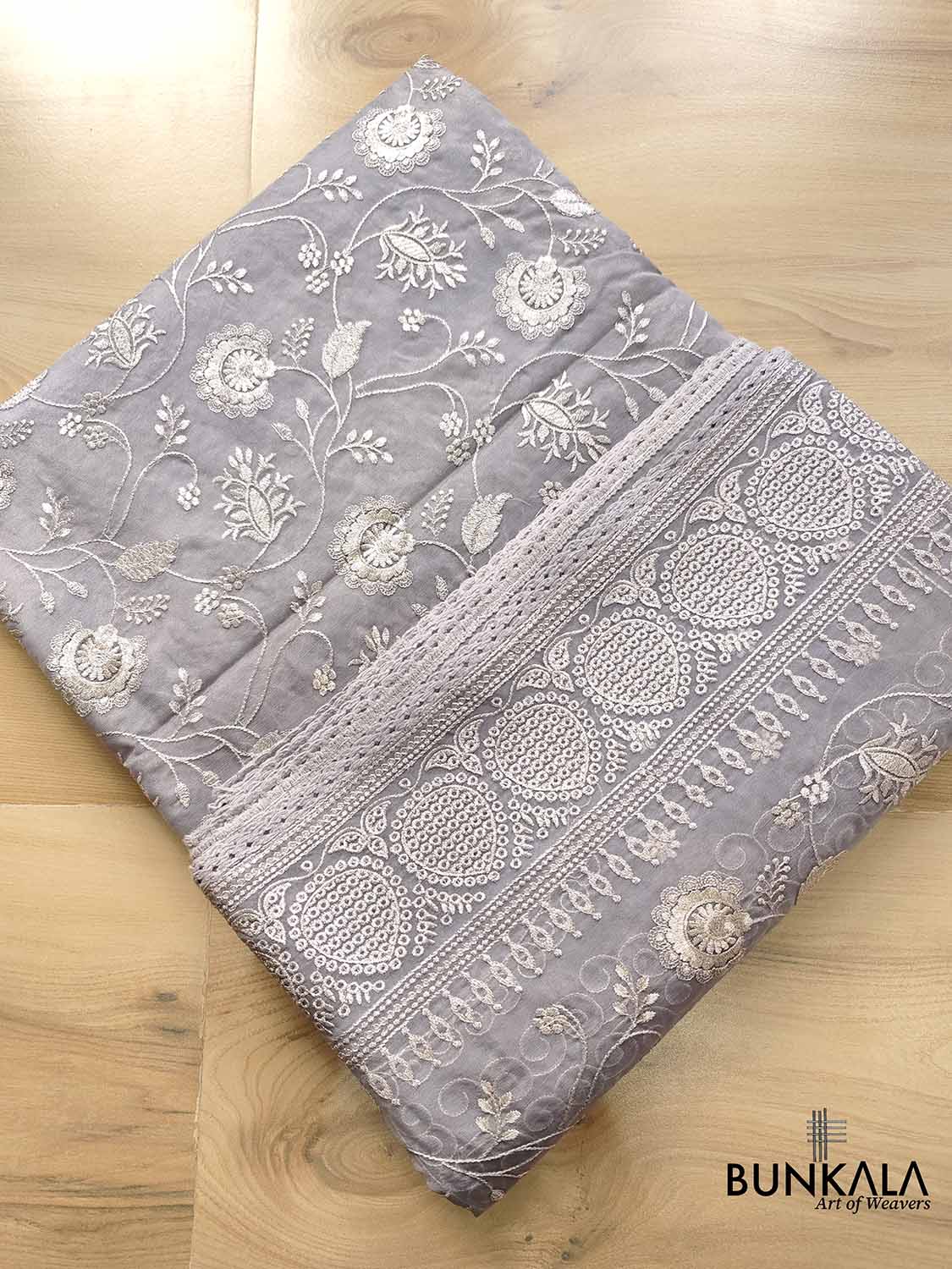 Grey Banarasi Organza Silver Zari Work Floral Design Embroidery Saree