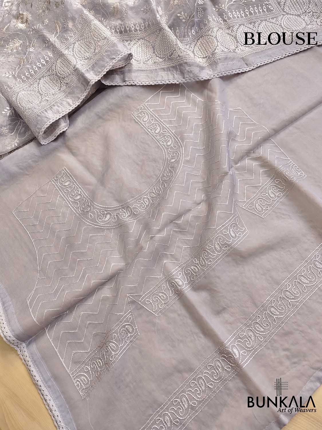 Grey Banarasi Organza Silver Zari Work Floral Design Embroidery Saree