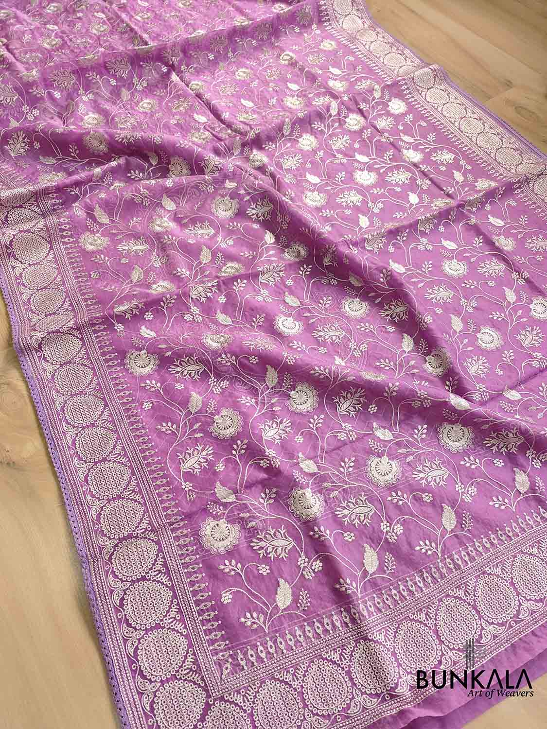 Lavender Banarasi Organza Silver Zari Work Floral Design Embroidery Saree