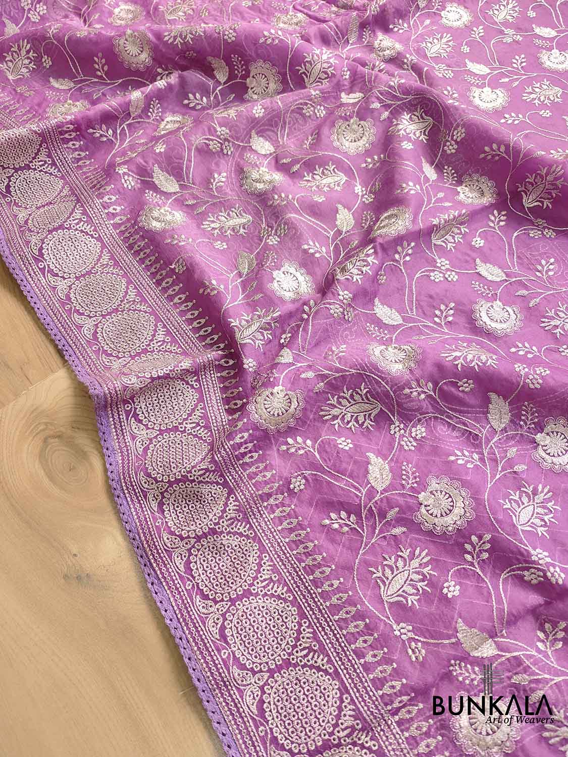 Lavender Banarasi Organza Silver Zari Work Floral Design Embroidery Saree