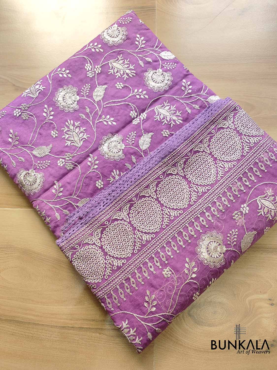 Lavender Banarasi Organza Silver Zari Work Floral Design Embroidery Saree