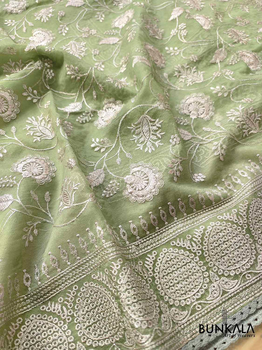 Green Banarasi Organza Silver Zari Work Floral Design Embroidery Saree