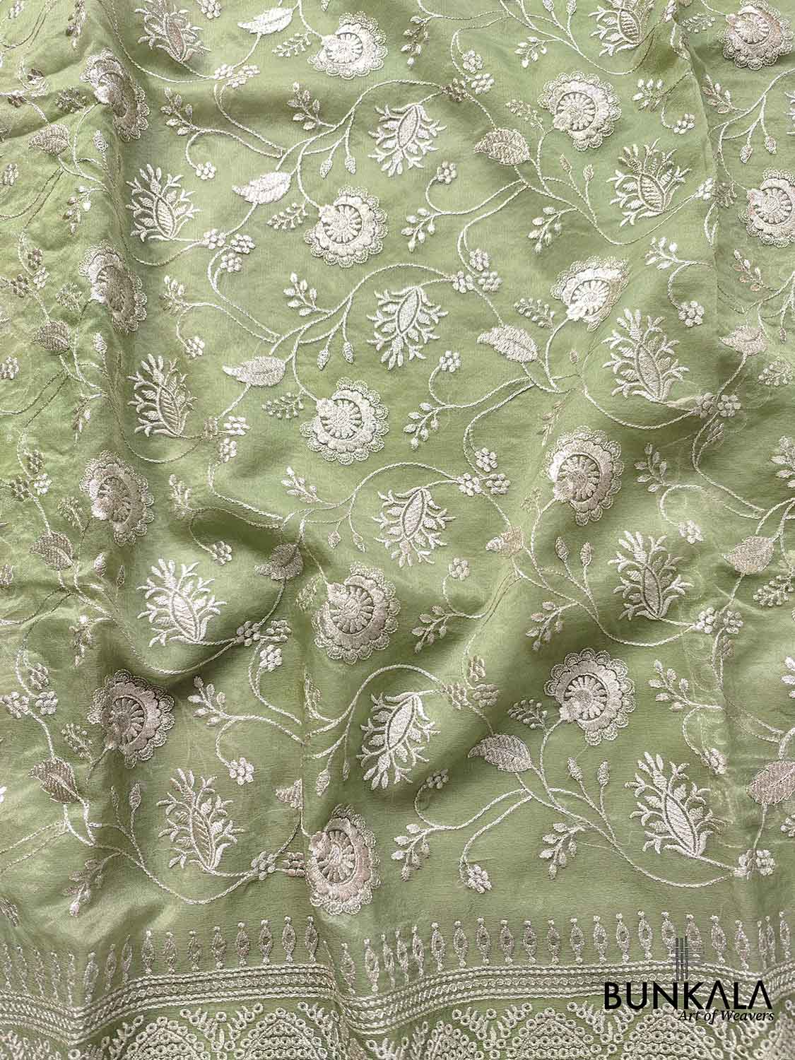 Green Banarasi Organza Silver Zari Work Floral Design Embroidery Saree