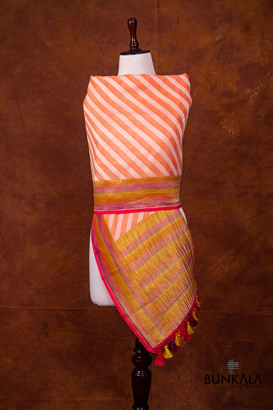 Peach and White Pure Georgette Hand Brush Dye Stripe Design Banarasi Dupatta