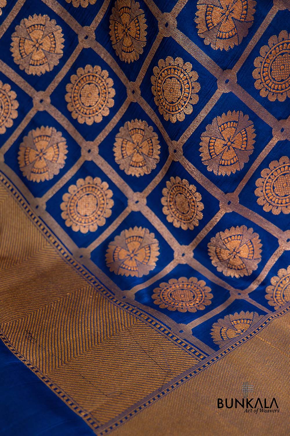 Blue Pure Katan Silk Handloom Geometric Checks Design Banarasi Dupatta