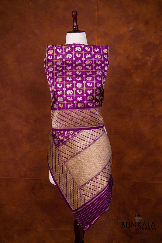 Purple Pure Katan Silk Kadwa Hand Weaved Birds and Animal Checks Design Banarasi Dupatta