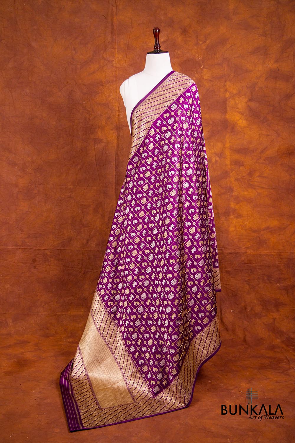 Purple Pure Katan Silk Kadwa Hand Weaved Birds and Animal Checks Design Banarasi Dupatta