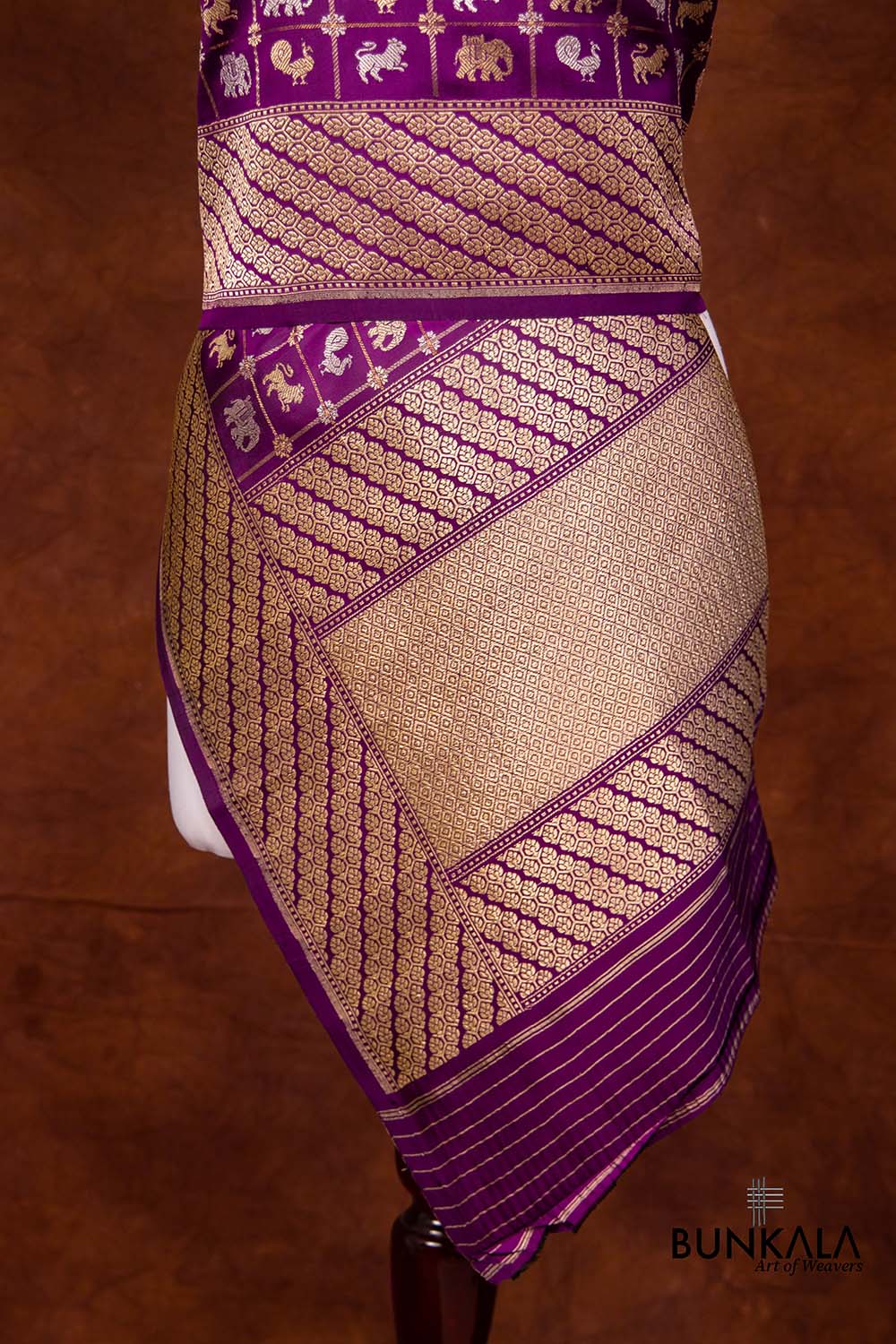 Purple Pure Katan Silk Kadwa Hand Weaved Birds and Animal Checks Design Banarasi Dupatta