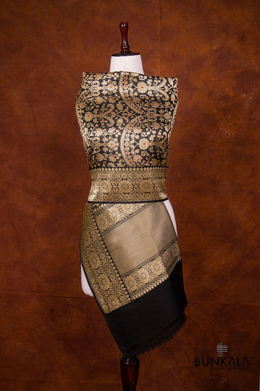 Jet Black Traditional Touch Pure Katan Silk Handloom Brocade Heritage Design Meenakari Banarasi Dupatta