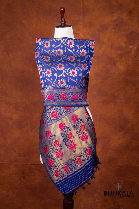 Blue Pure Katan Silk Handloom Meenakari Floral Jaal Design Banarasi Dupatta