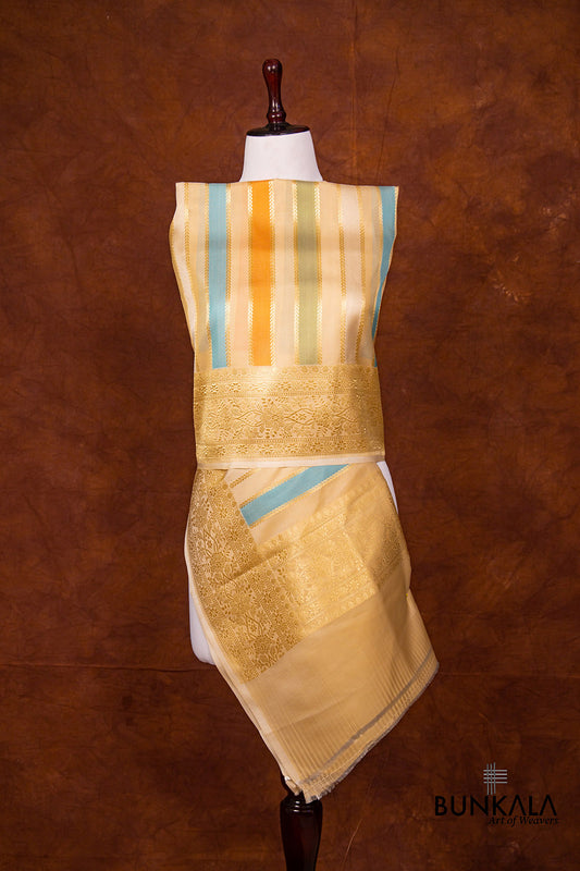 Beige Pure Katan Silk Handloom Multicolor Stripe Banarasi Dupatta