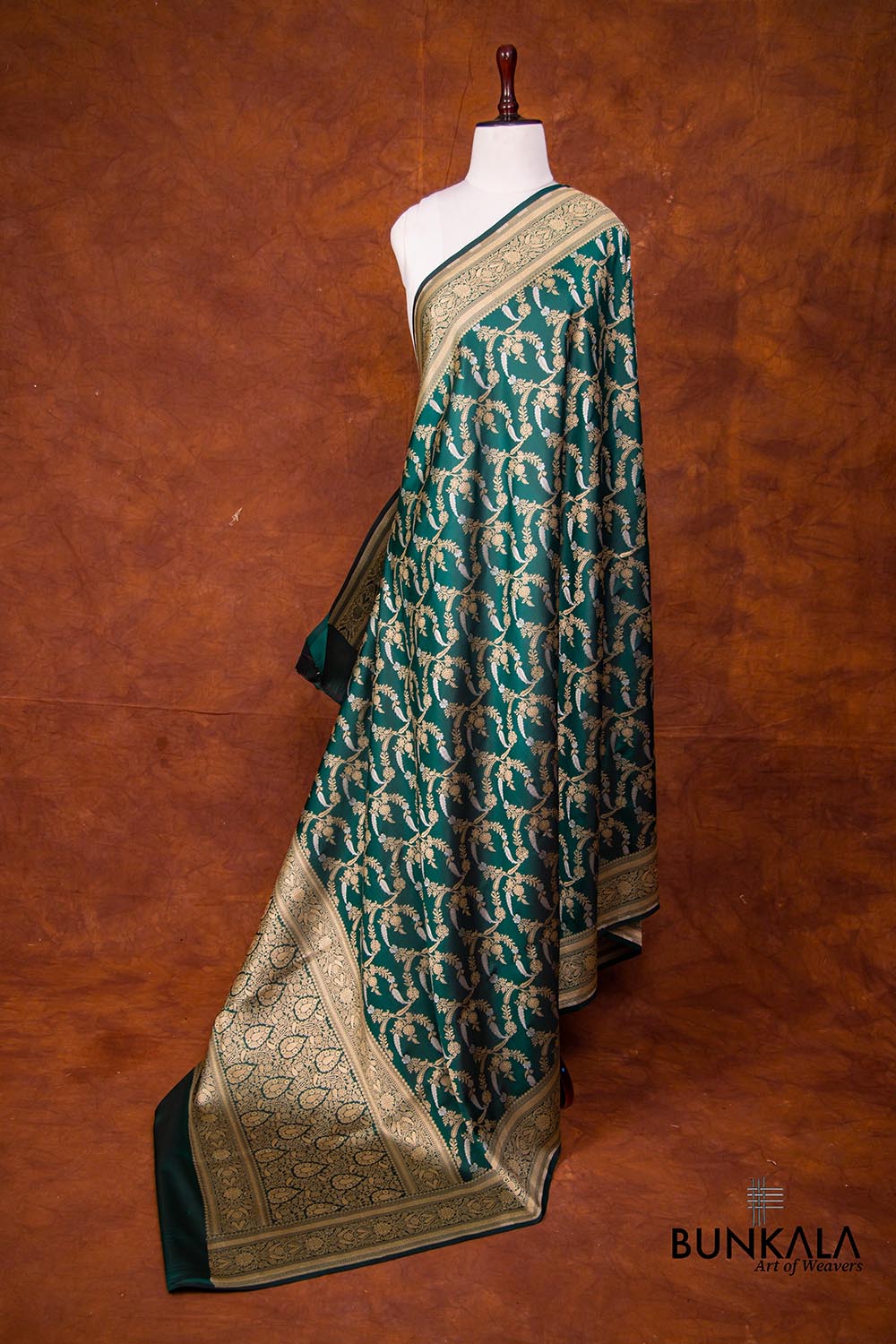 Bottle Green Pure Katan Silk Handloom Sona Rupa Jaal Design Banarasi Dupatta