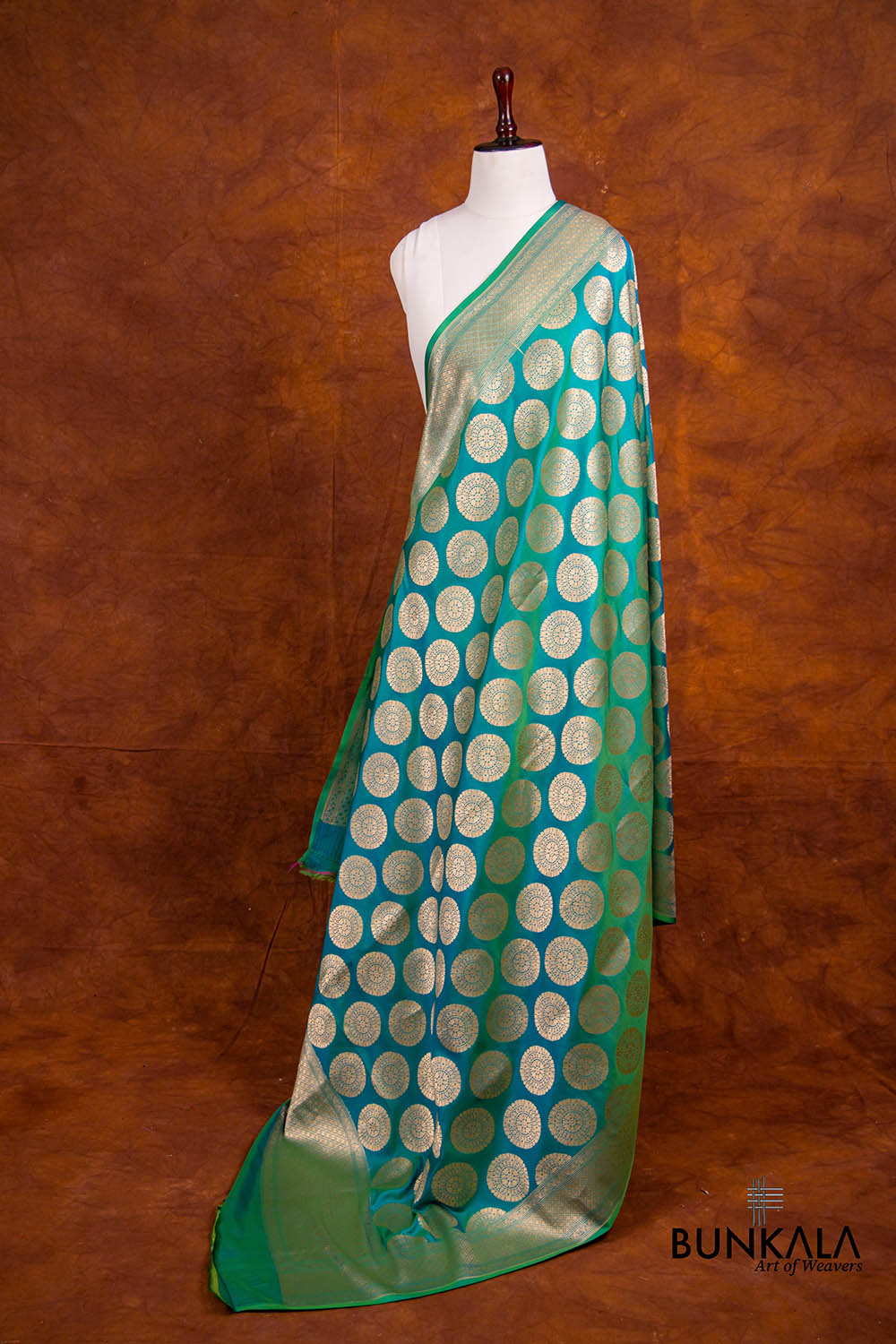 Blue and Green Two Tone Pure Katan Silk Handloom Allover Round Buta Banarasi Dupatta