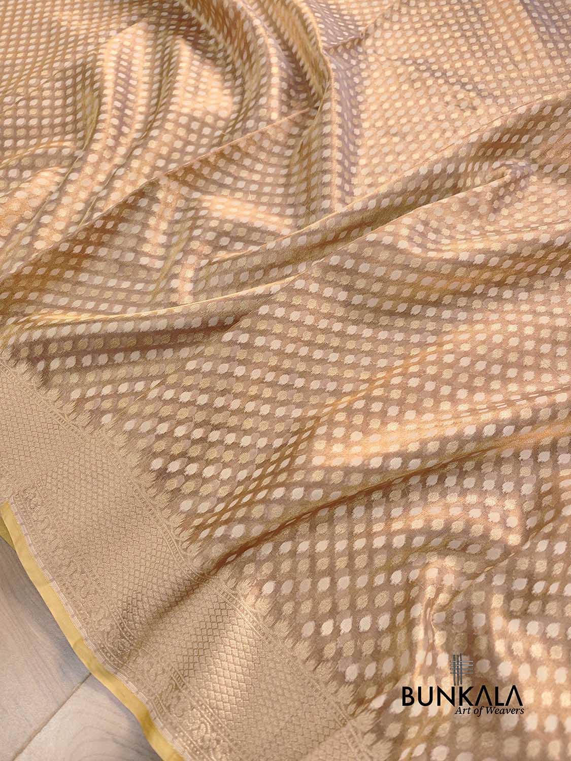 Brown Pure Soft Tissue Handloom Banarasi Saree with Allover Small Buti Design