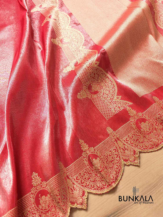 Bright Red Soft Pure Tissue Katan Silk Handloom Scalloped Border Plain Banarasi Saree
