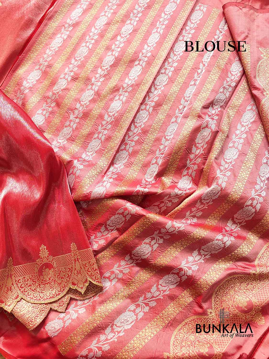 Bright Red Soft Pure Tissue Katan Silk Handloom Scalloped Border Plain Banarasi Saree