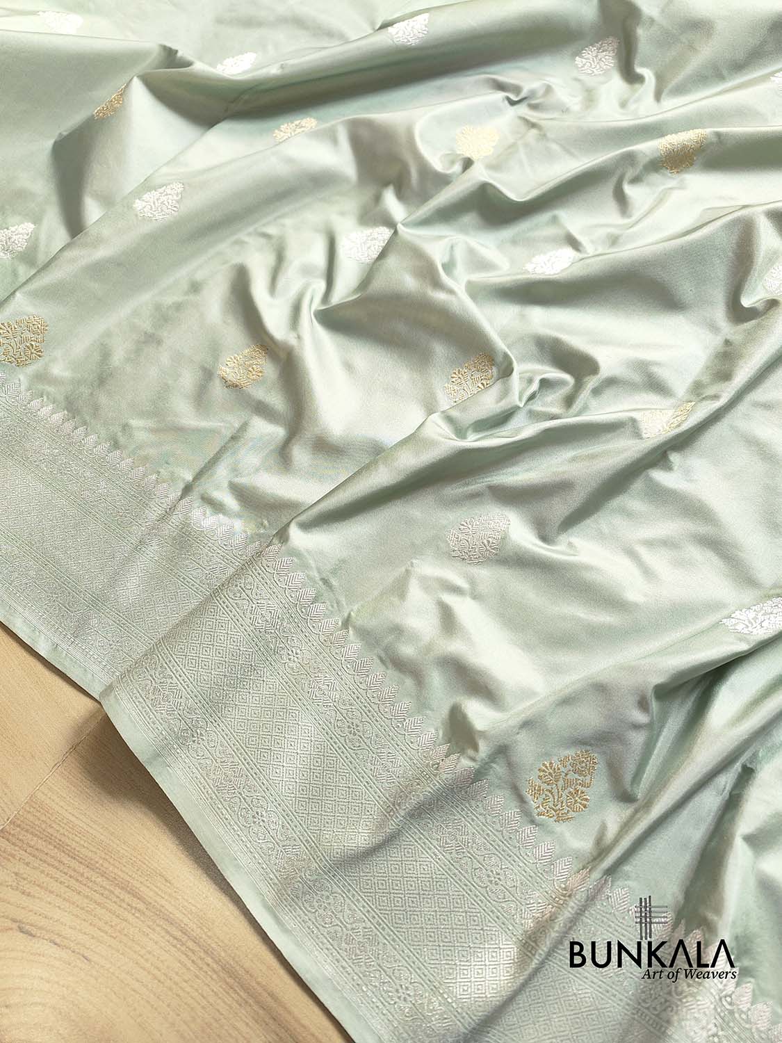 Pastel Greenish Grey Pure Katan Silk Double Tana Silver and Gold Zari Kadwa Handweaved Buta Banarasi Saree
