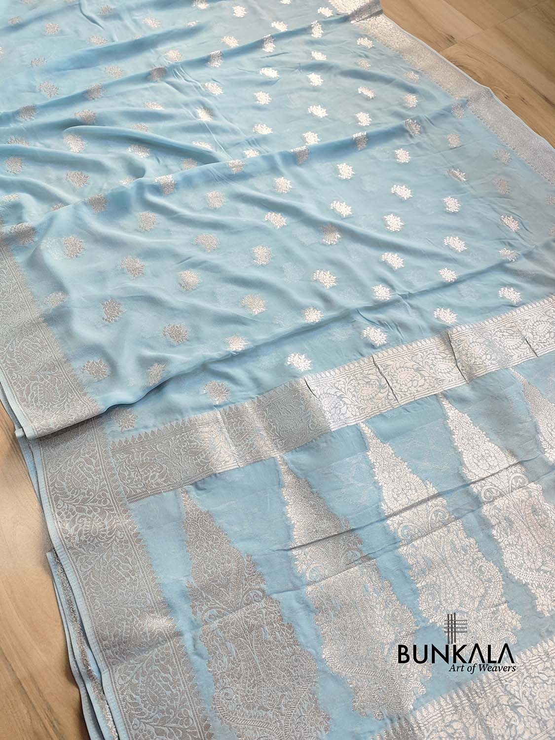 Sky Blue Georgette Silver Zari Weaved Allover Small Buti Banarasi Saree with Brocade Blouse