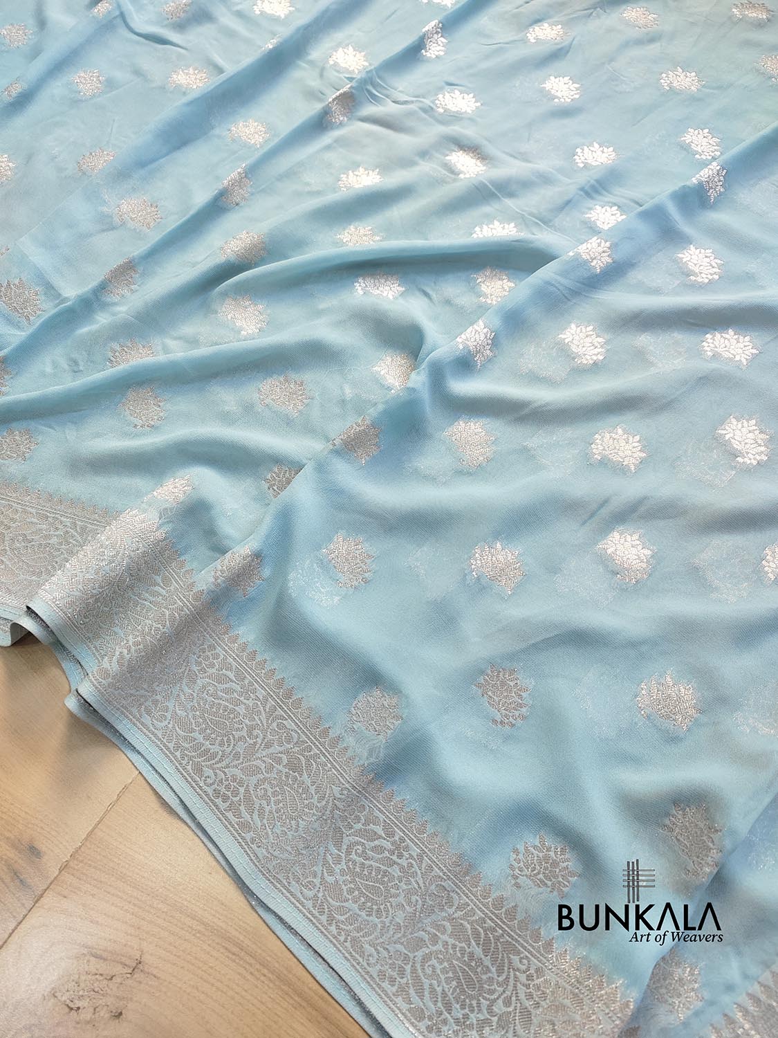 Sky Blue Georgette Silver Zari Weaved Allover Small Buti Banarasi Saree with Brocade Blouse