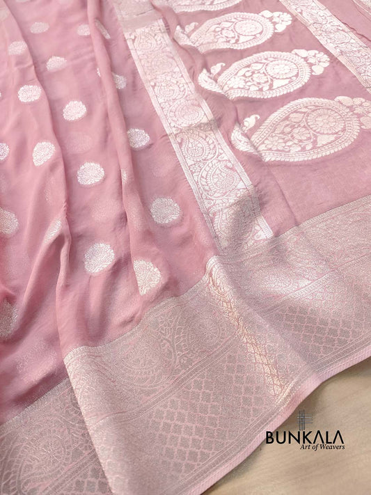 Baby Pink Georgette Silver Zari Weaved Allover Small Buti Banarasi Saree with Brocade Blouse