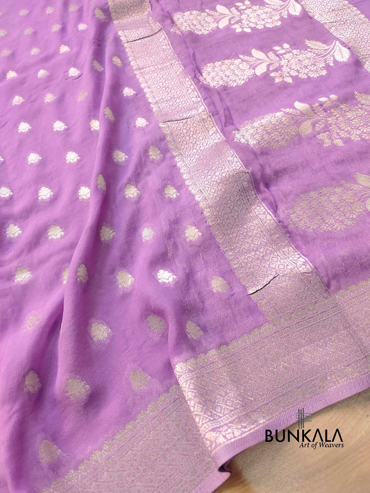 Lavender Georgette Silver Zari Weaved Allover Small Buti Banarasi Saree with Brocade Blouse