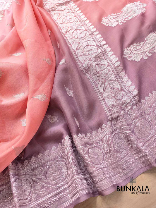 Peach and Onion Pink Shaded Pure Khaddi Chiffon Allover Silver Zari Buti Banarasi Saree