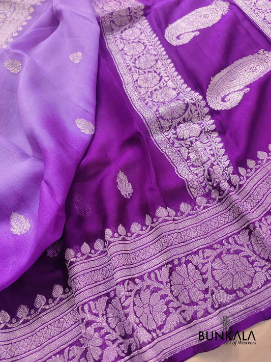 Lavender and Purple Shaded Pure Khaddi Chiffon Allover Silver Zari Buti Banarasi Saree