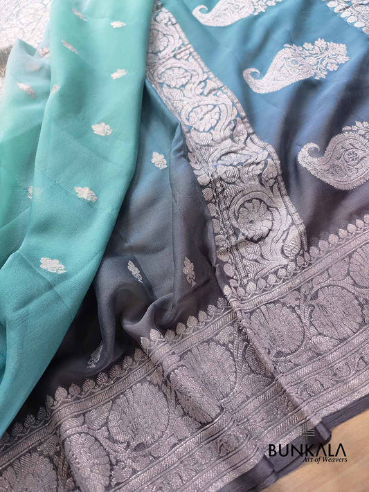 Turquoise Blue and Grey Shaded Pure Khaddi Chiffon Allover Silver Zari Buti Banarasi Saree