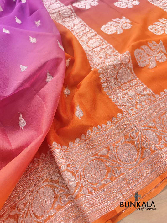 Magenta Pink and Orange Shaded Pure Khaddi Chiffon Allover Silver Zari Buti Banarasi Saree