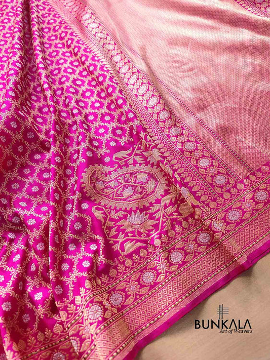 Pink Real Zari Banarasi Pure Katan Silk Kadwa Handloom Saree