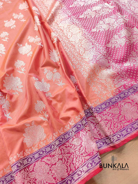 Pink Double Shaded Silver Zari Banarasi Pure Katan Silk Handloom Saree