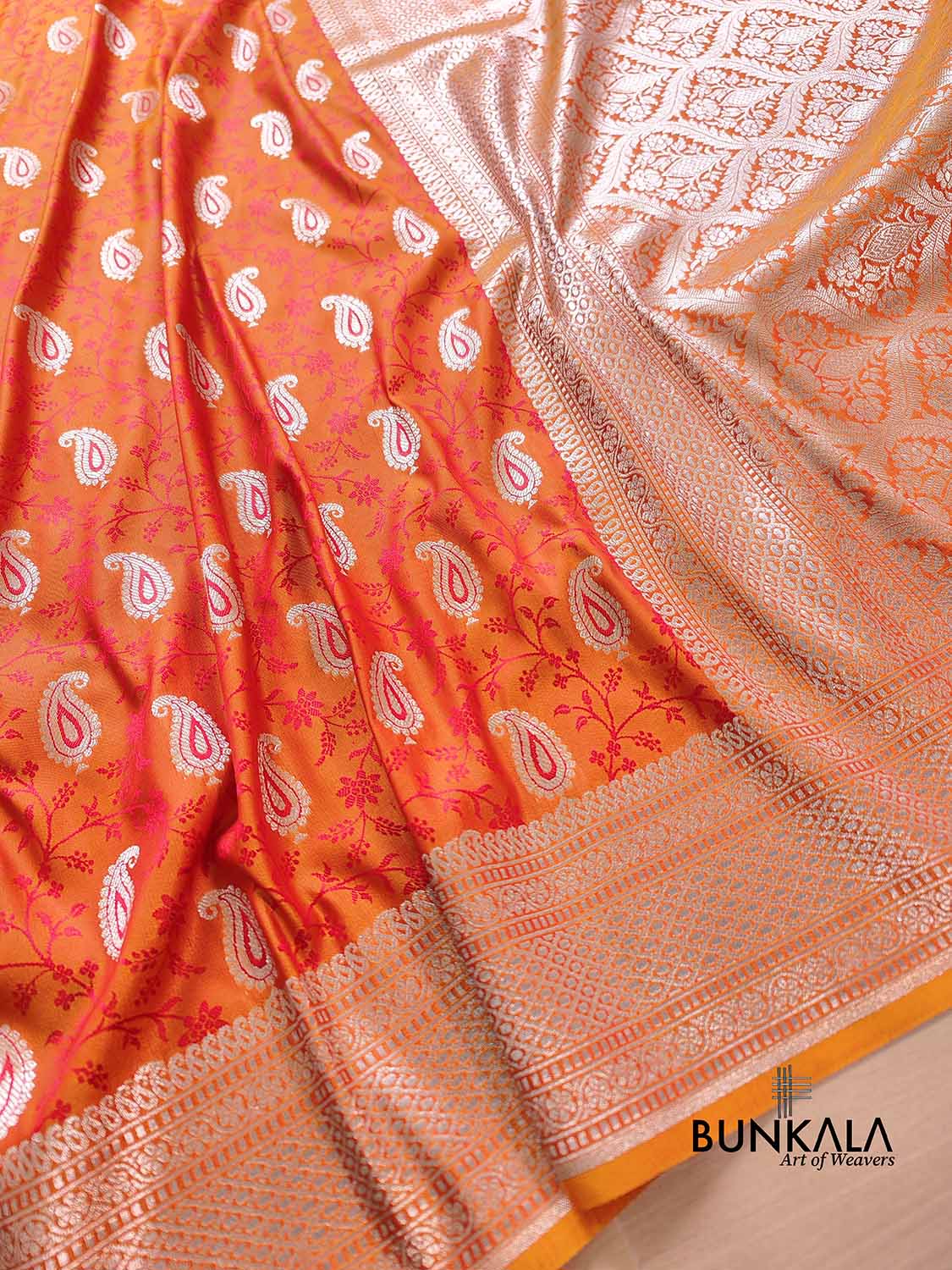 Orange Double Shade Soft Mashru Silk Jamewar Weaved Allover Paisley Buti Design Banarasi Saree