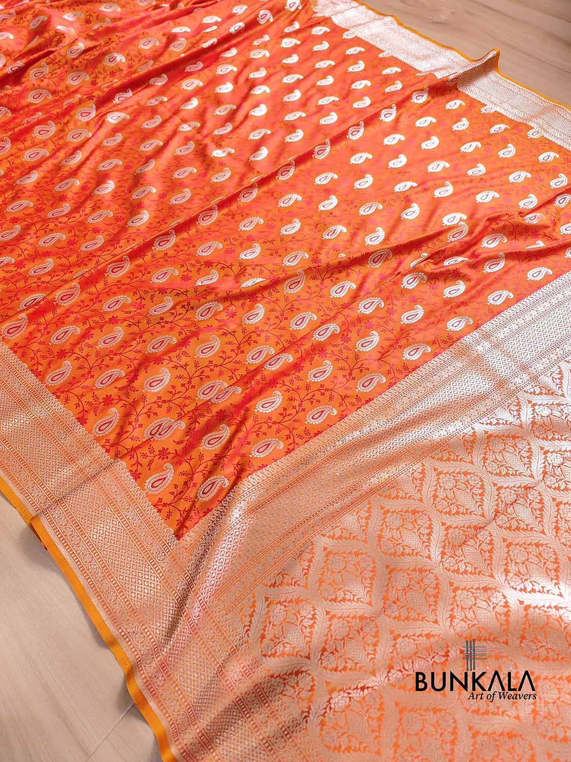 Orange Double Shade Soft Mashru Silk Jamewar Weaved Allover Paisley Buti Design Banarasi Saree