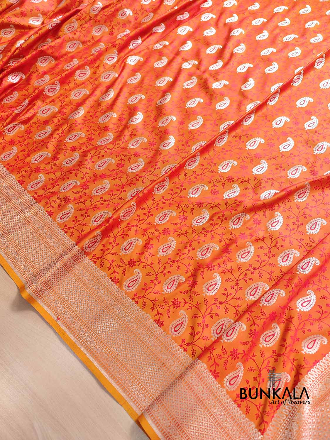 Orange Double Shade Soft Mashru Silk Jamewar Weaved Allover Paisley Buti Design Banarasi Saree