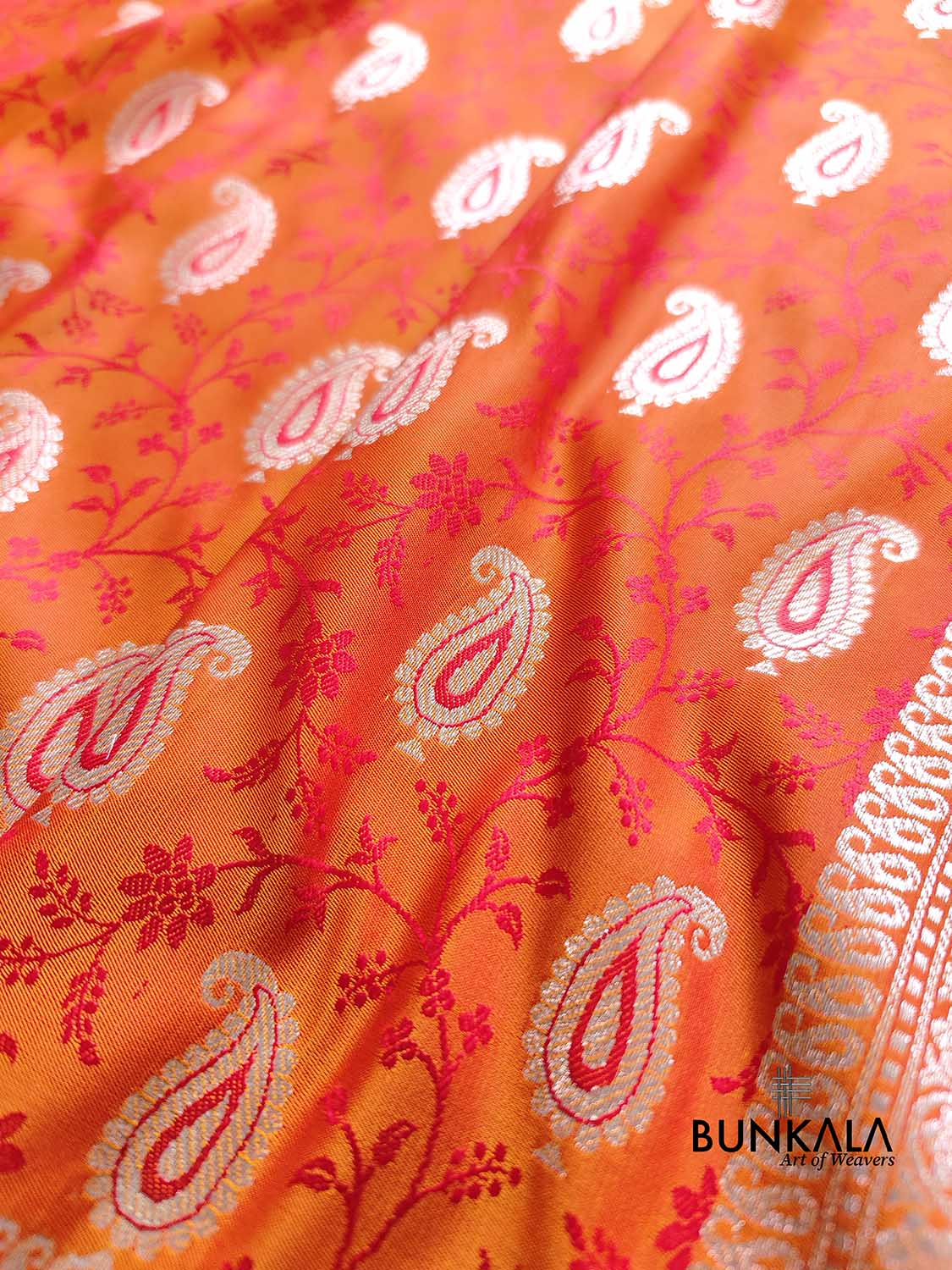 Orange Double Shade Soft Mashru Silk Jamewar Weaved Allover Paisley Buti Design Banarasi Saree