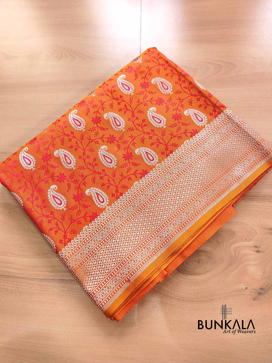 Orange Double Shade Soft Mashru Silk Jamewar Weaved Allover Paisley Buti Design Banarasi Saree