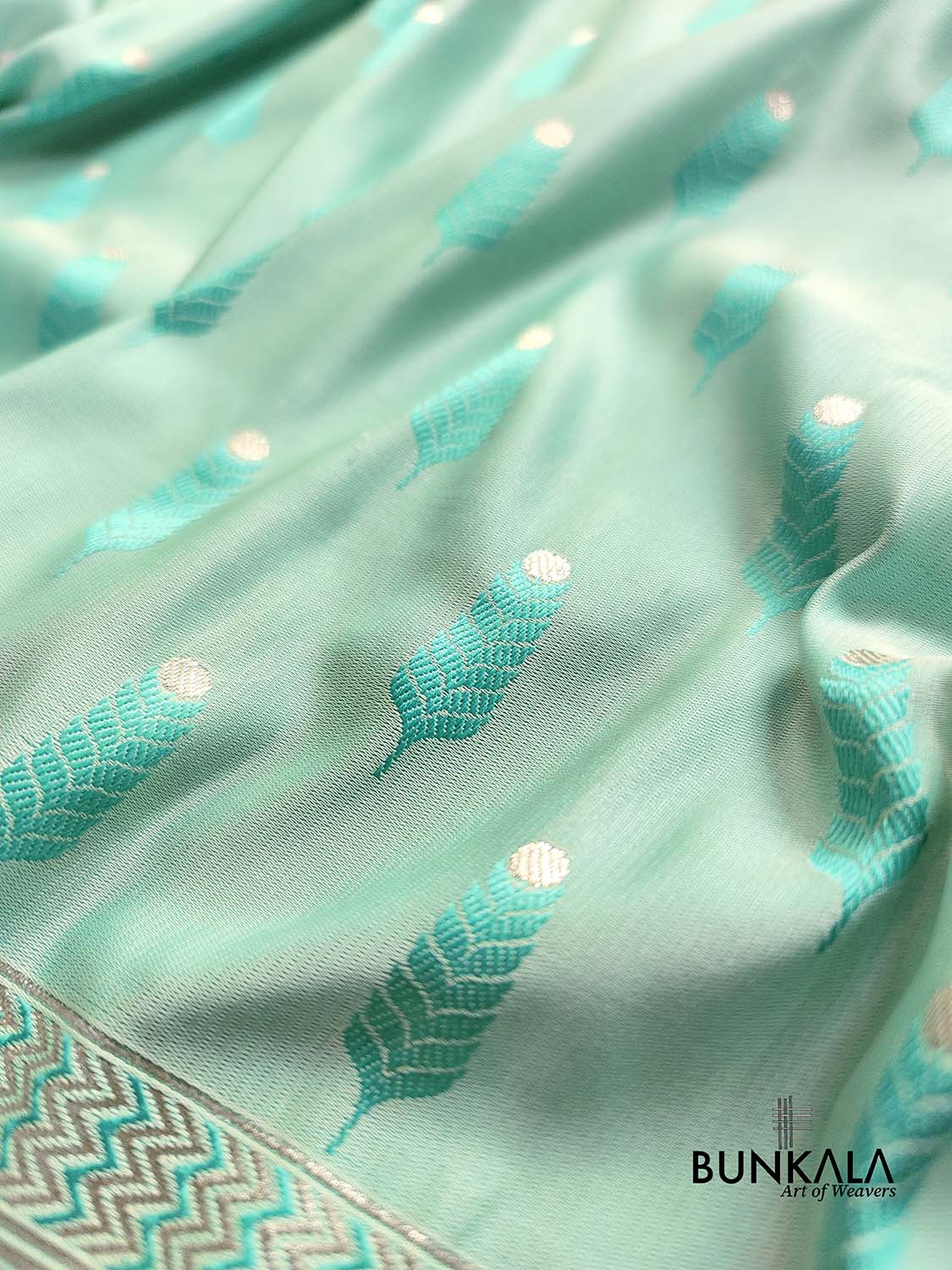 Sea Blue Mashru Silk Jamewar Leaf Buti Design Weaved Banarasi Saree