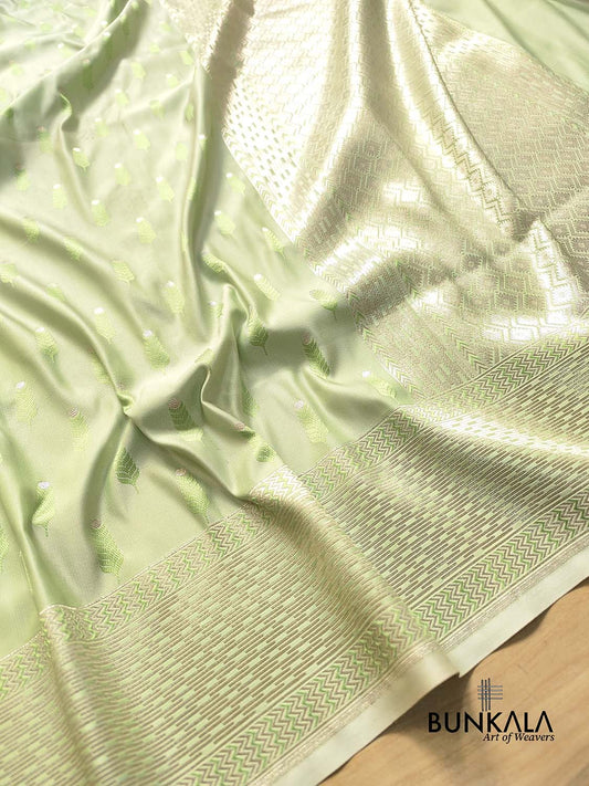 Pista Green Mashru Silk Jamewar Leaf Buti Design Weaved Banarasi Saree