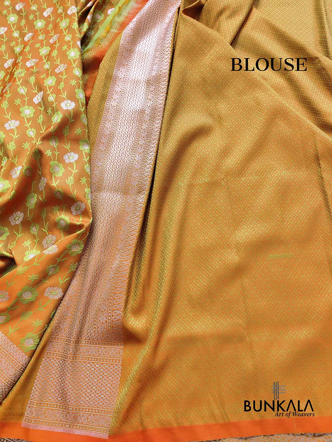 Green and Orange Double Shaded Soft Mashru Silk Jamewar Weaved Floral Jaal Design Banarasi Saree