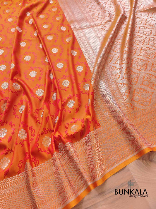 Bright Orange Soft Mashru Silk Jamewar Weaved Floral Jaal Design Banarasi Saree