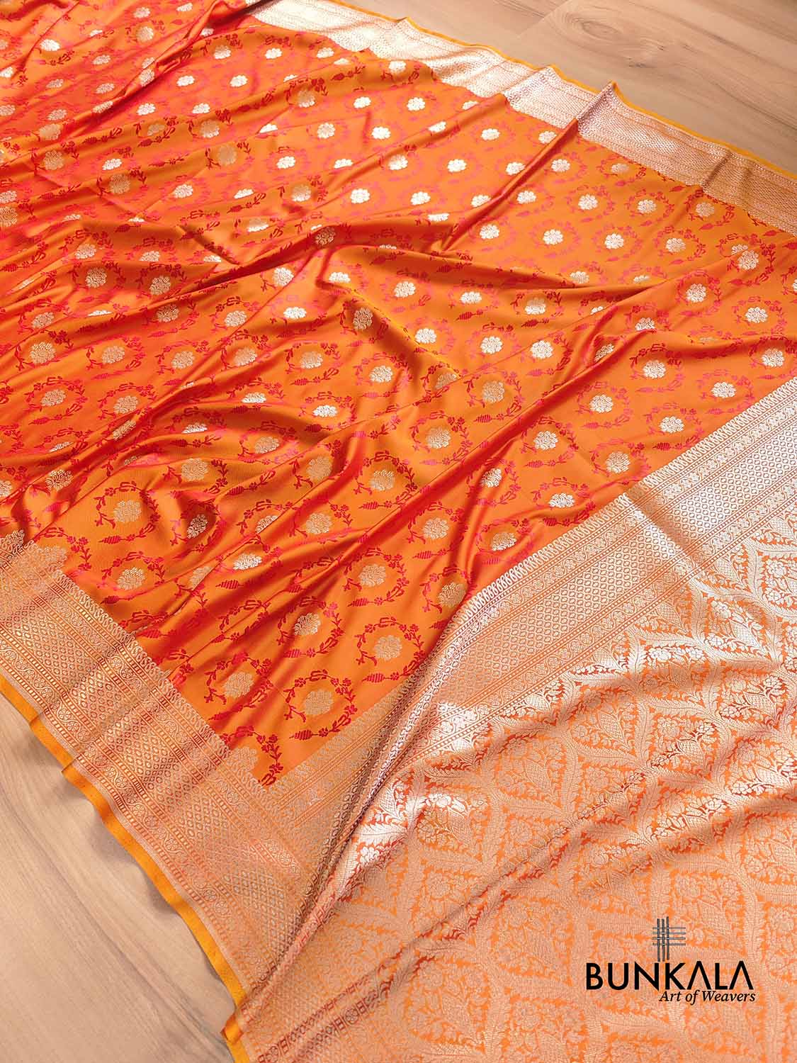 Bright Orange Soft Mashru Silk Jamewar Weaved Floral Jaal Design Banarasi Saree